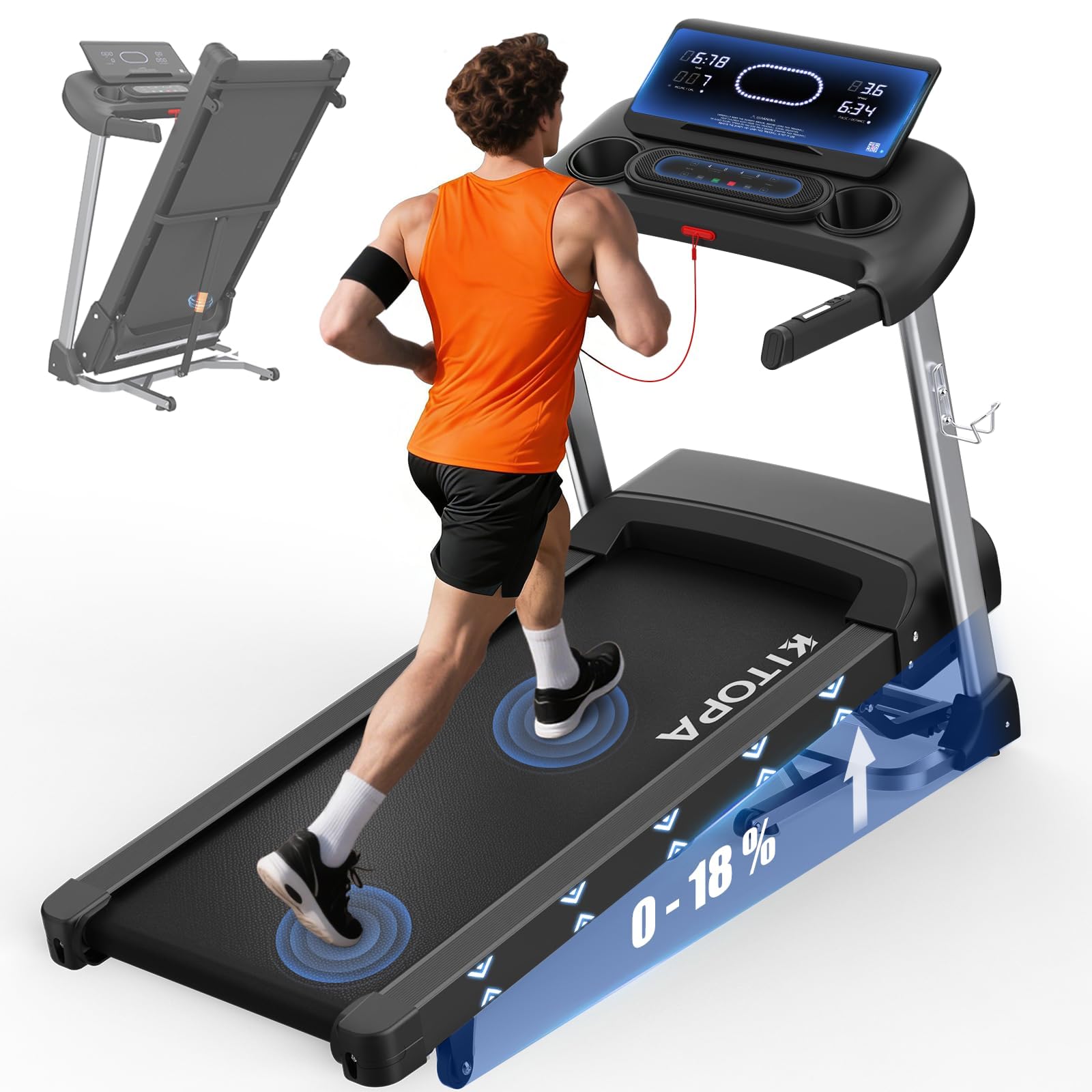 Kitopa 20KM/H Laufband für Zuhause,Laufband Klappbar mit 18% Steigung | 7PS Profi Laufband, Große Lauffläche Laufband bis 180 kg, Laufbander mit interaktivem LCD Display Bluetooth