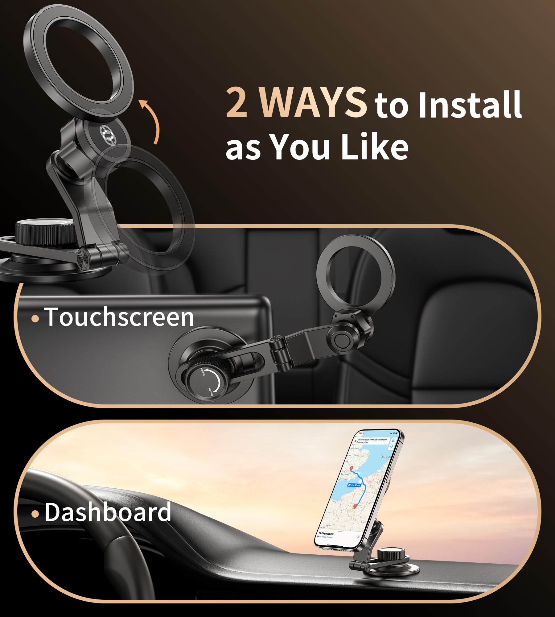 Support De Voiture - Aimant - 360° Réglable - Sous Vide Magnétique - Universel - Noir - Téléphonie