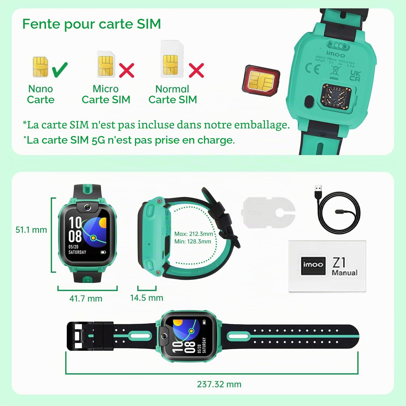 imoo Z1 Smartwatch Enfant Garçon, Montre Connectée pour Garçons avec Appels Vidéo & Téléphone Autonomie Longue, Montre Enfant Tracker GPS, Résistant à l'eau IPX8 (Z1, Vert)