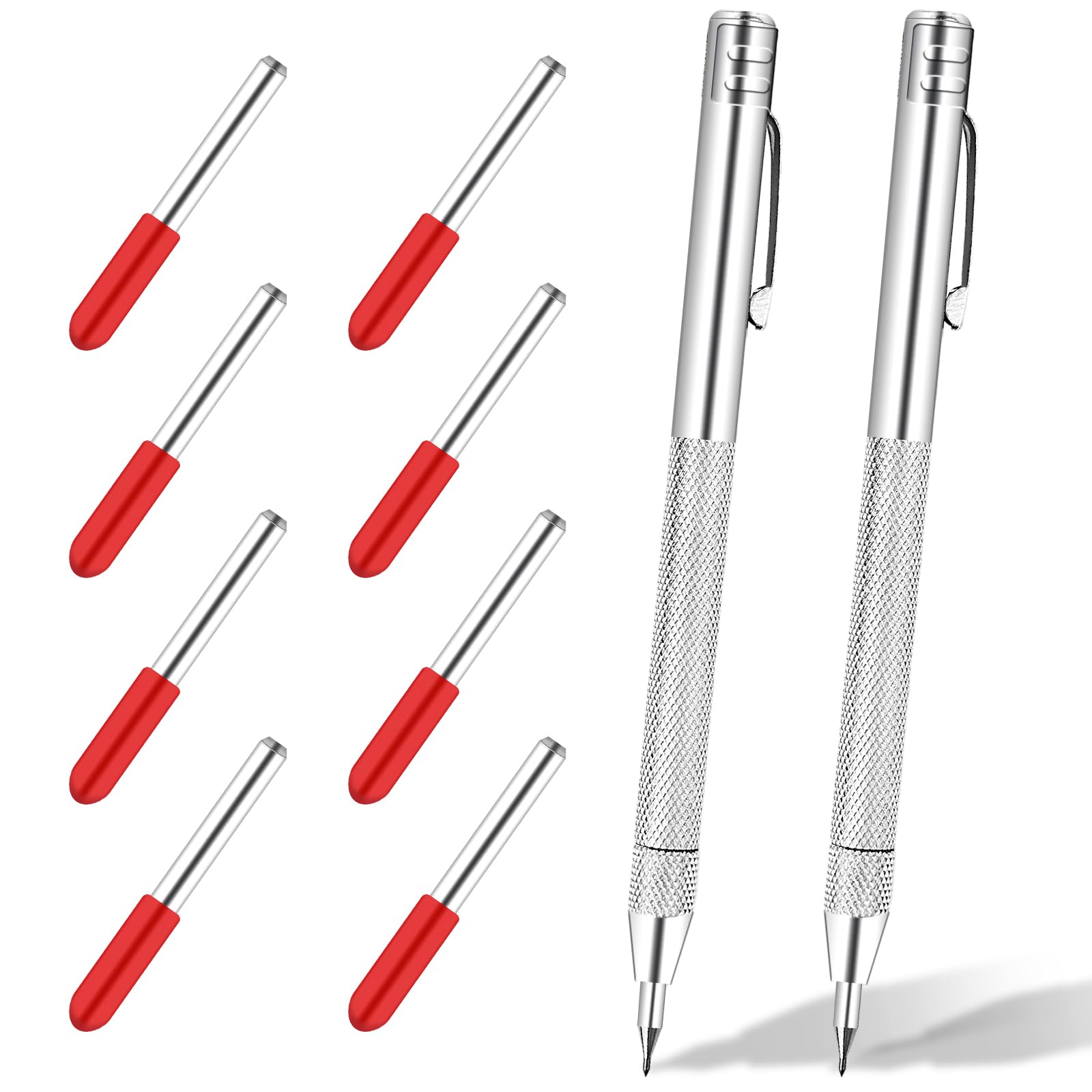 2Pcs Tungsten Carbide Tip Scriber with 8 Replacement Marking Tips, Aluminum Magnet Carbide Scribe Tool Etching Pen with Clip, Durable Metal Engraving
