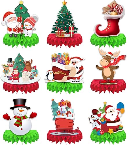 9 piezas de centros de mesa de Navidad, centros de mesa de nido de abeja de Navidad, muñeco de nieve, reno, para Navidad, vacaciones, cena,