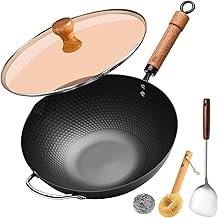 WANGYUANJI 12.6" Wok with Lid, Flat Bottom Nonstick Iron Wok Pan for Induction, Gas and Electric Stoves, Deep Stir-Fry Pan for Everyday Cooking