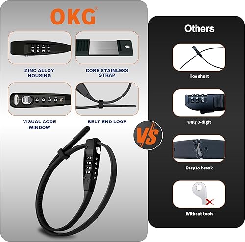 Miniatura 6 de OKG Cerradura de amarre con combinación de 4 dígitos, 2.3 pies, de acero inoxidable extendido, ajustable, con protección antiarañazos, seguro para