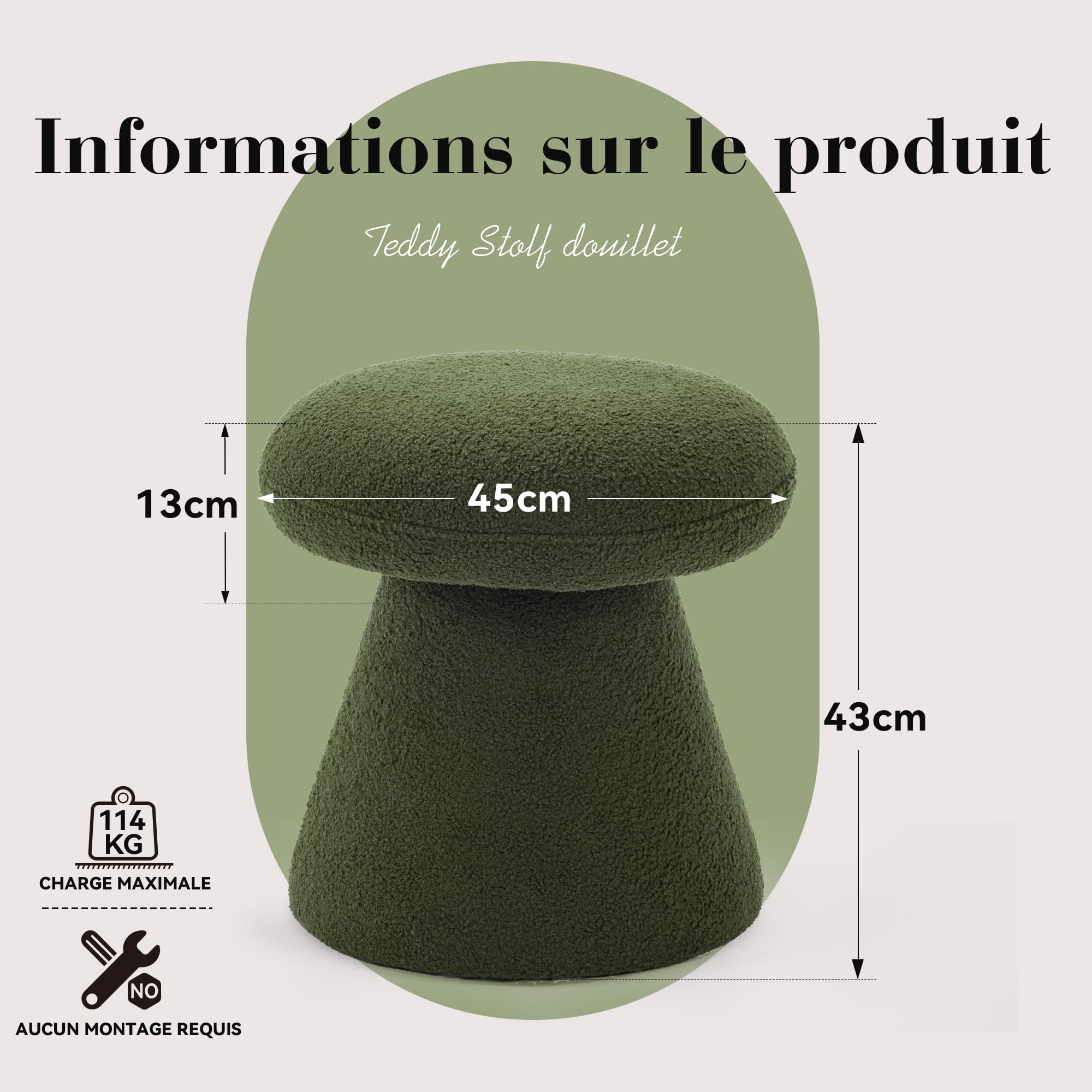 DEKKETO Tabouret de Coiffeuse Pivotant 360°, Pouf Rond Repose-Pieds Salon, Chaise Maquillage Moderne en Tissu Bouclette, Siège Rembourré Confortable pour Chambre, Dressing, Entrée, Vert