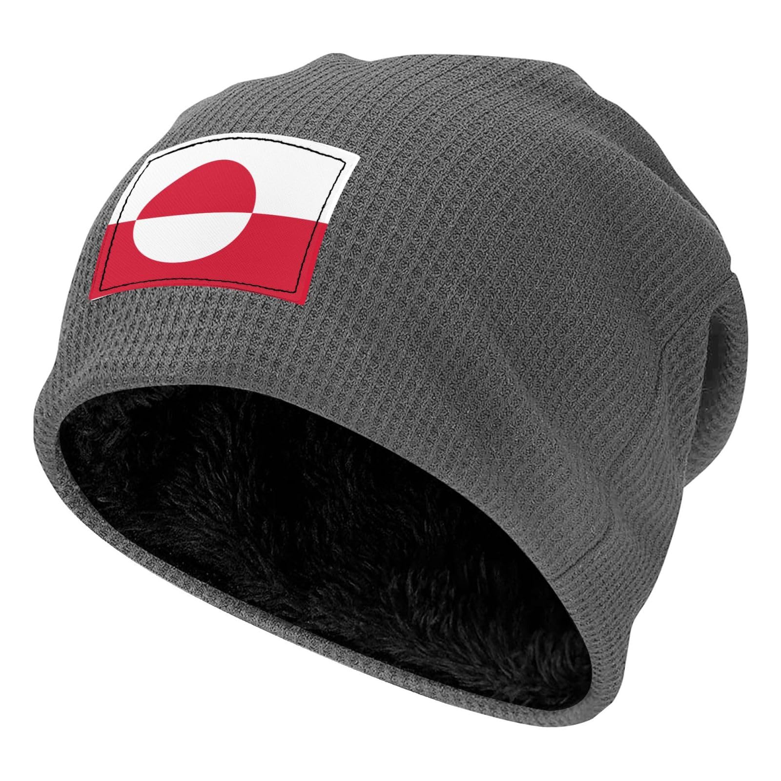 Light Grey Waffle Knit Pullover Hat, Exquisite Greenland Flag Pattern Fleece Lined Beanie, Warm and Soft Winter Cap, Gray, One Size