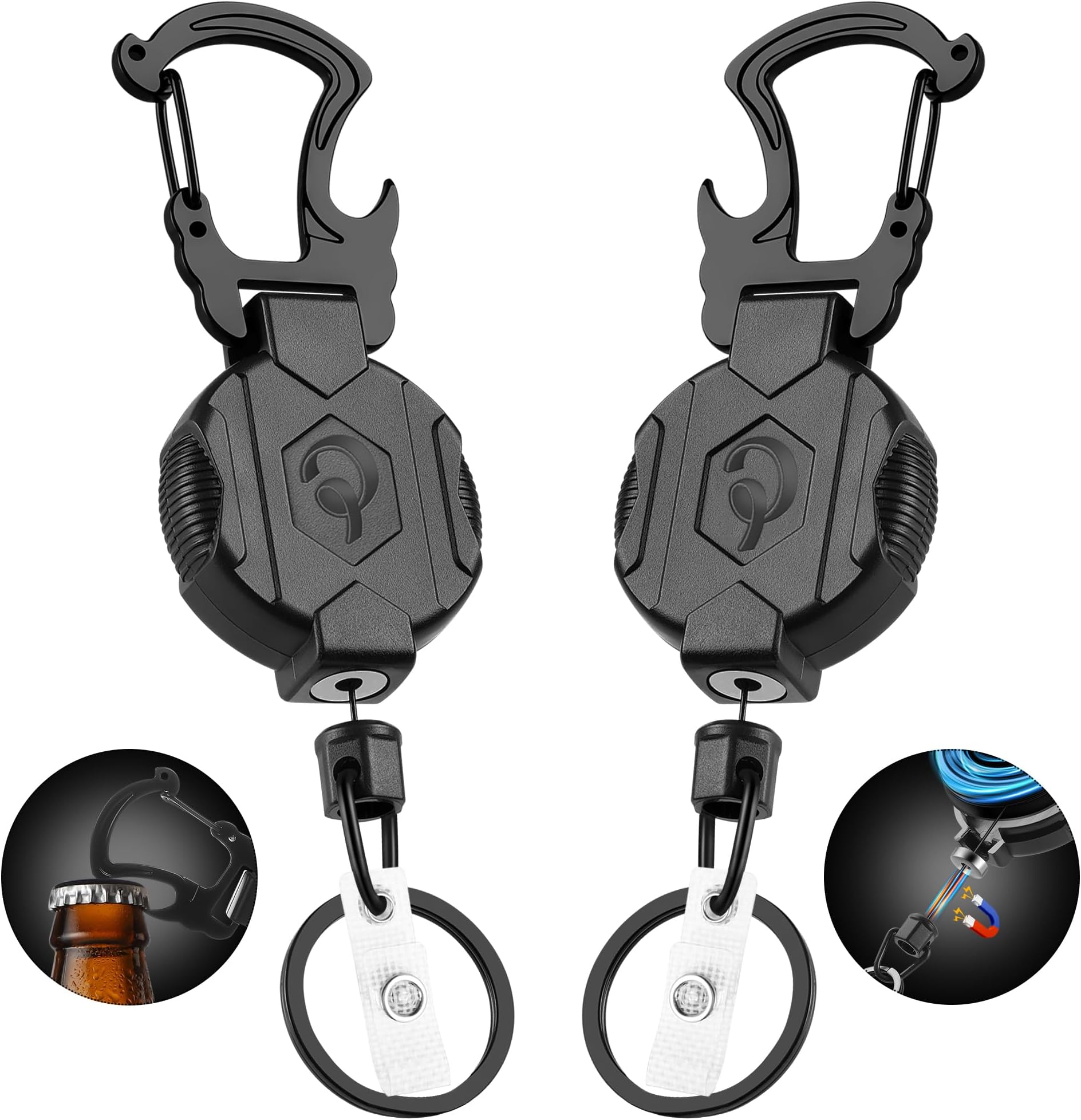 2 Pack Retractable Keychain Heavy Duty Carabiner Badge Holder with Magnetic Closure, Tactical ID Badge Reel for Men with 32” Steel Retractable Cord, Bearing 17 OZ