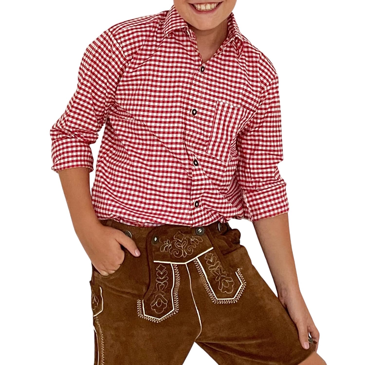 Camicia da ragazzo con pantaloni in pelle a quadretti e cotone bianco a maniche lunghe con foulard 45 x 45 cm e tasca sul petto