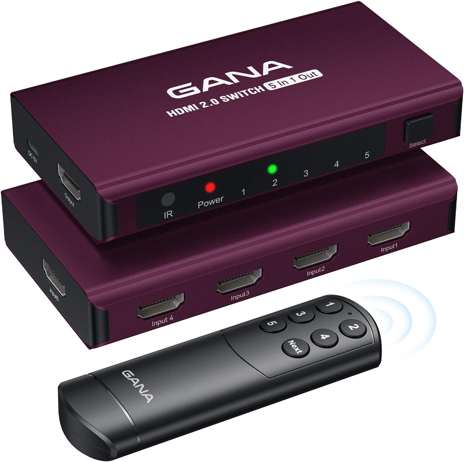 HDMI Switch 5 in 1 Out 4K60Hz, GANA HDMI Splitter Switcher with Remote, Aluminum