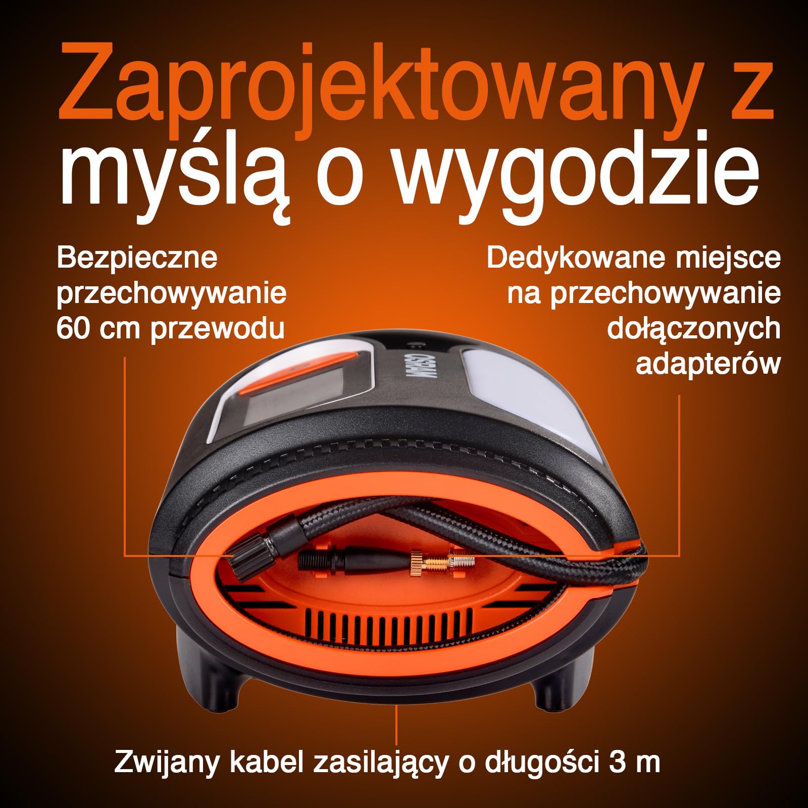 OSRAM TYREinflate 2120, duży wyświetlacz cyfrowy, programowalna funkcja automatycznego zatrzymania, kabel zasilający z bezpiecznikiem 12 V DC, pompowanie opon w 3,5 minuty