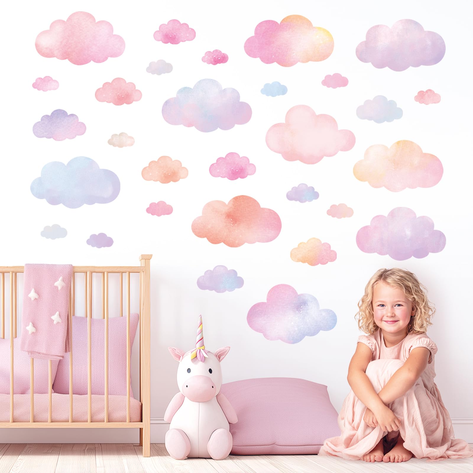 Decowall Girls Pastel Clouds Pastel Cloud Wall Stickers - Watercolour Rainbow Cloud Decals For Kids Bedroom, Nursery & Playroom - Removable & Repositionable Boho Wall Art For Room Decor (Ds4-8094)