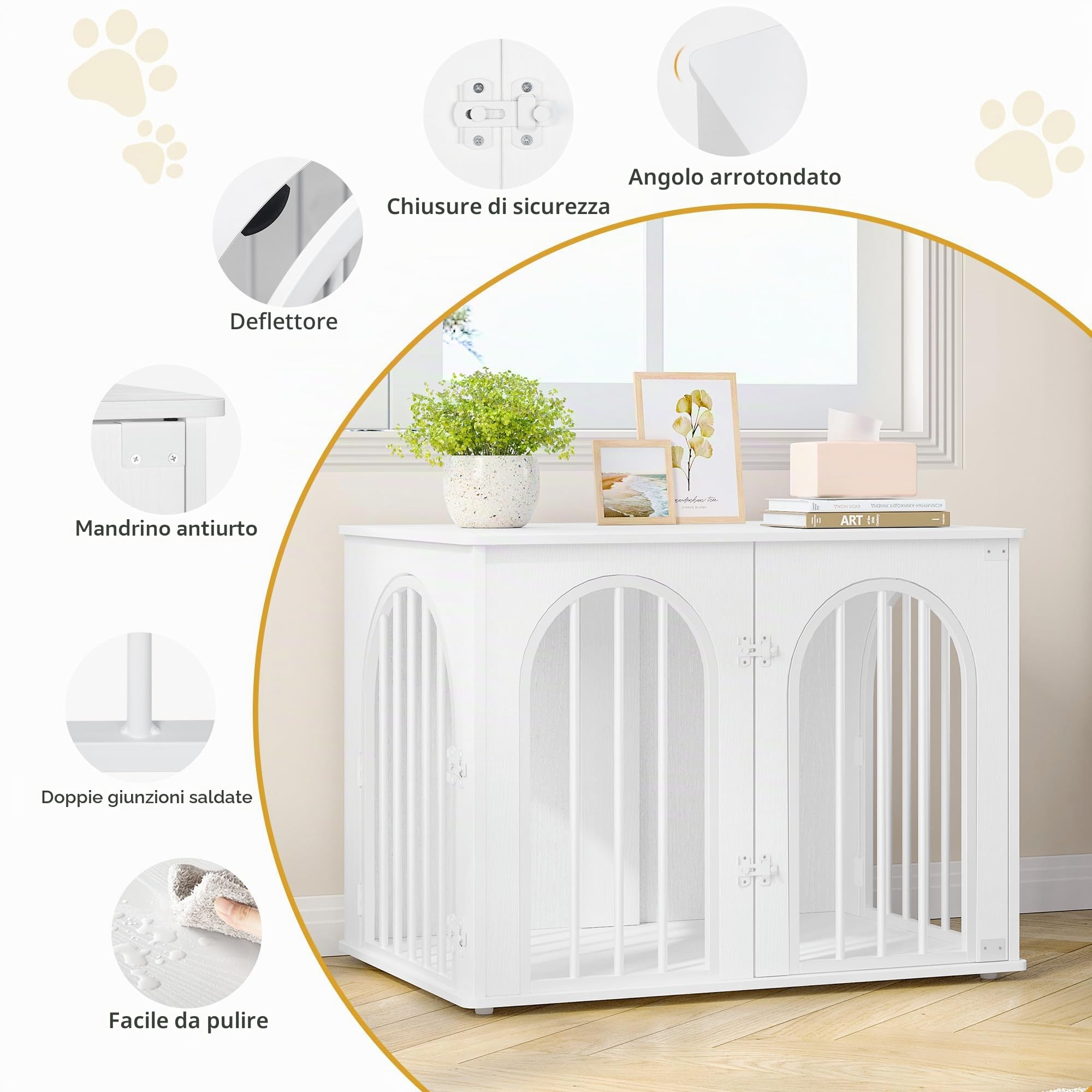 Hzuaneri 80 cm Gabbia per Cani, Tavolo Supplemento, Cuccia Moderna per Cani Interno, Gabbia per Cuccioli, Casetta per Animali, 3 Porte, Porta ad Arco, 56 x 80 x 61 cm, Bianco DFC85113W