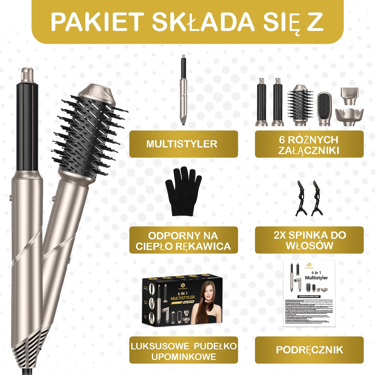 Pędzel do suszarki do włosów Fleau Beauty - Edycja PRO - Multistyler - Airstyler - Hairwrap - Szczotka do loków - Suszarka do włosów - Hairstyler - Zestaw 6 w 1 (szary - Zestaw 6 w 1)