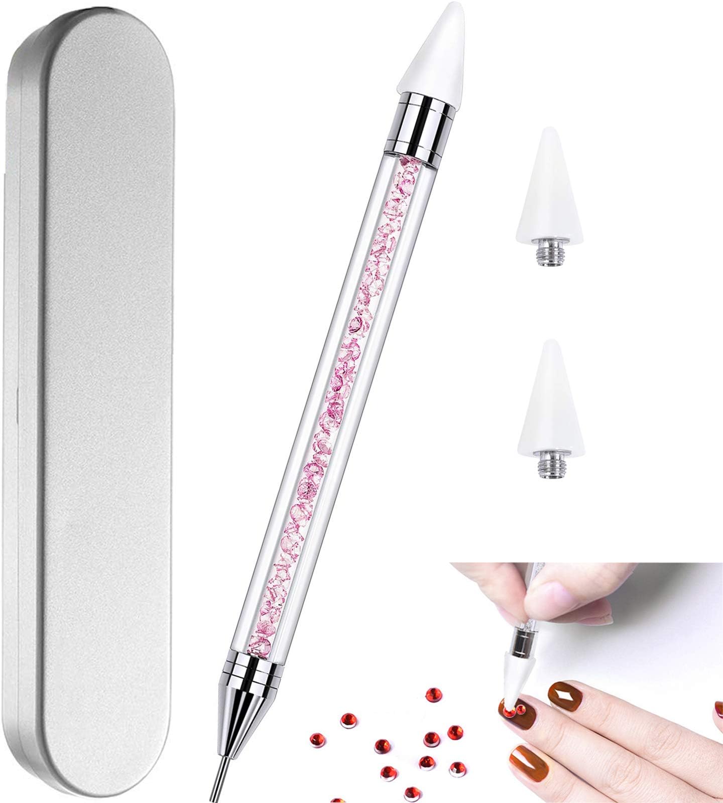 Nail Rhinestone Picker Dotting Tool with Extra 2 Wax Head, Dual-ended DIY Nail Art Tool With Pink Acrylic Handle