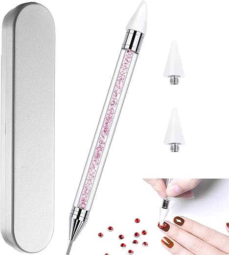 Nail Rhinestone Picker Dotting Tool with Extra 2 Wax Head, Dual-ended DIY Nail Art Tool With Pink Acrylic Handle