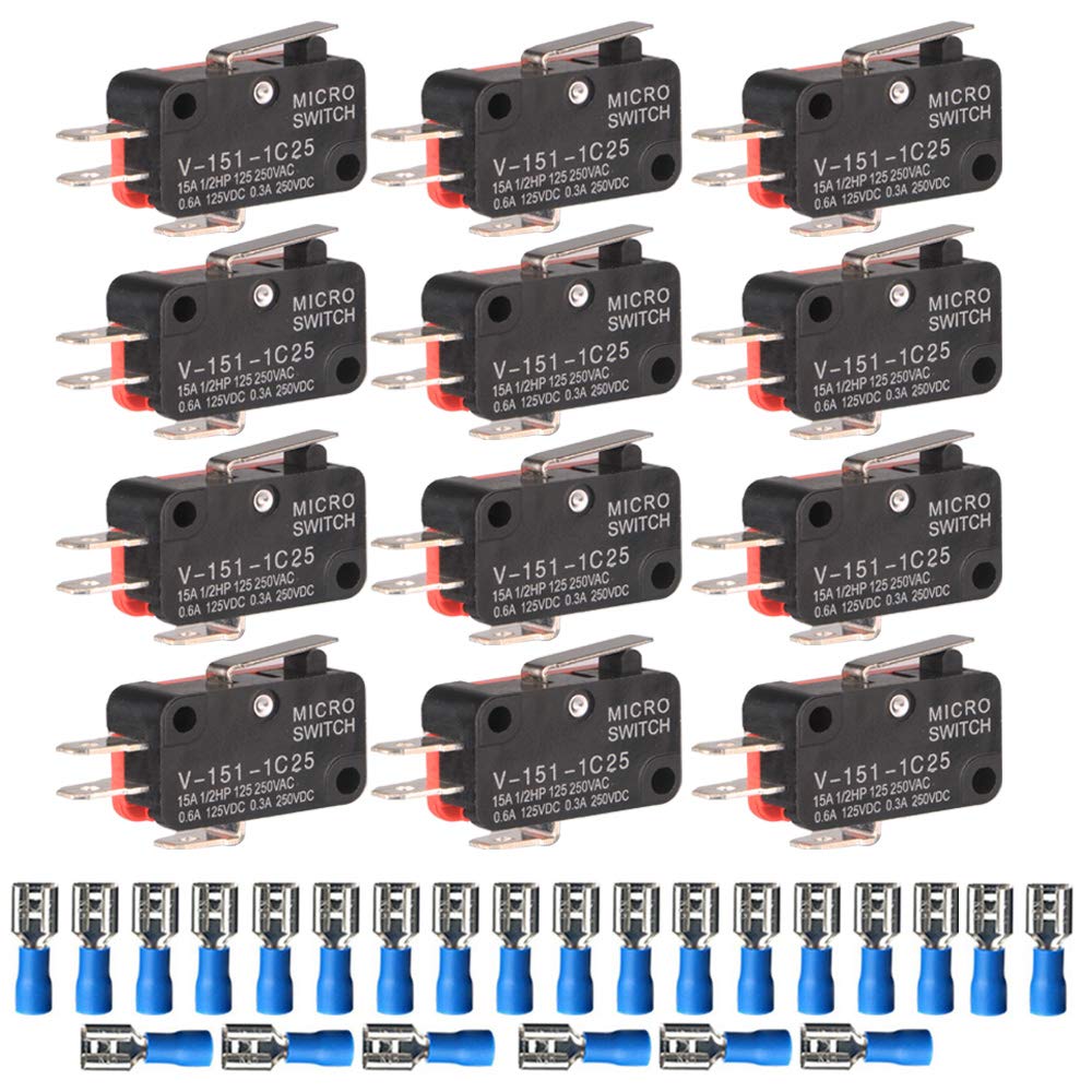 Gebildet 12pcs V-151-1C25 Micro Switch 125V/250V 15A Momentary Limit Switch, 3 Pins SPDT Snap Action Miniature Basic Micro Switch + 24pcs Terminals