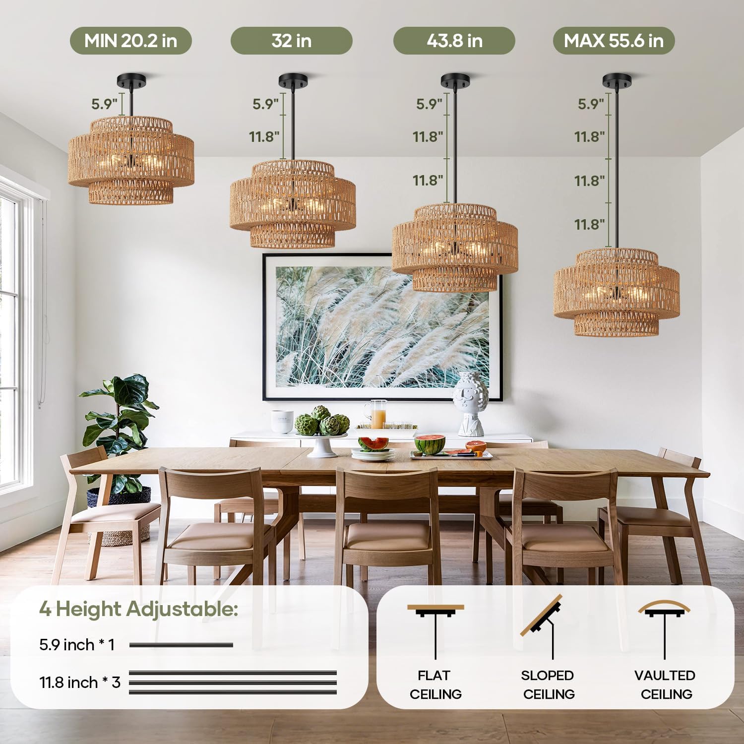 19" Boho Rattan Chandelier for Dining Room Light Fixture, 5-Light Hand Woven Wicker Pendant Light Fixture, Farmhouse Rustic Hanging Black Chandelier for Dining Room, Kitchen Island, Living, Bedroom