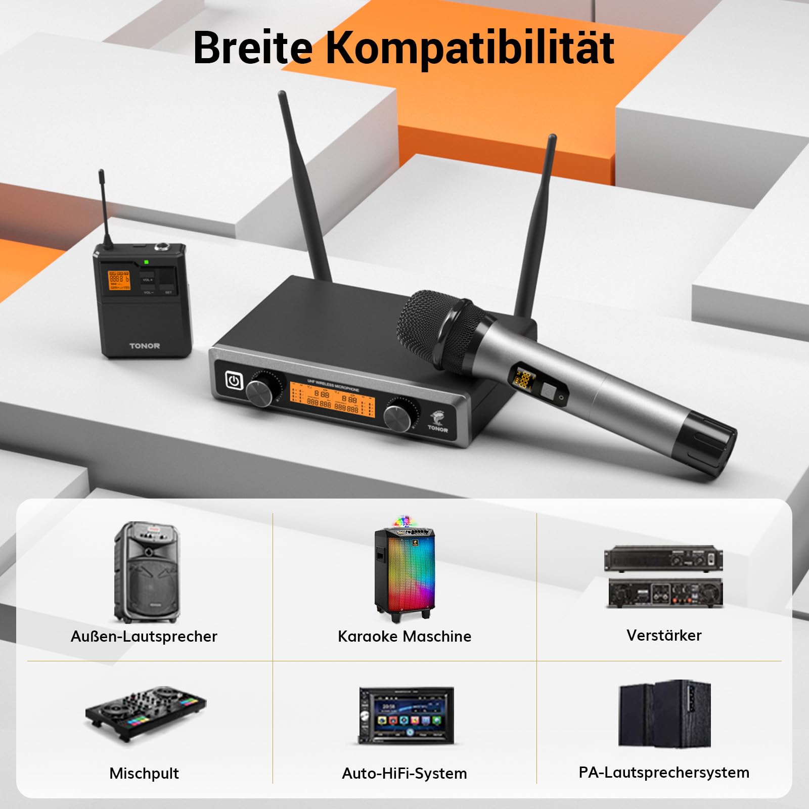 TONOR Duales UHF Mikrofon Kabellos Set mit Handmikrofon Bodypack Headset Lavalier, 2x5 Frequenzen 60 m Reichweite TW821