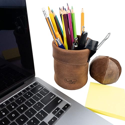 Miniatura 5 de Organizador de bolígrafos hecho a mano de cuero de grano completo, soporte para lápices cilíndricos, suministros escolares y de oficina, accesorios