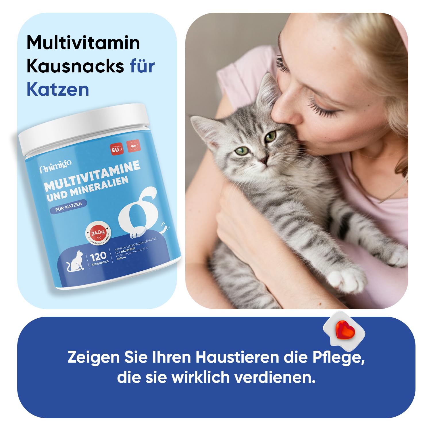 Animigo Multivitamine für Katzen - 120 Vitamine Kausnacks - Mit Vitamin B Komplex(Biotin, Folsäure), C, D3, Kalzium, Eisen, Kupfer, Jod, Zink - 18 Mineralien & Vitamine für Katzen & Kätzchen Immunität