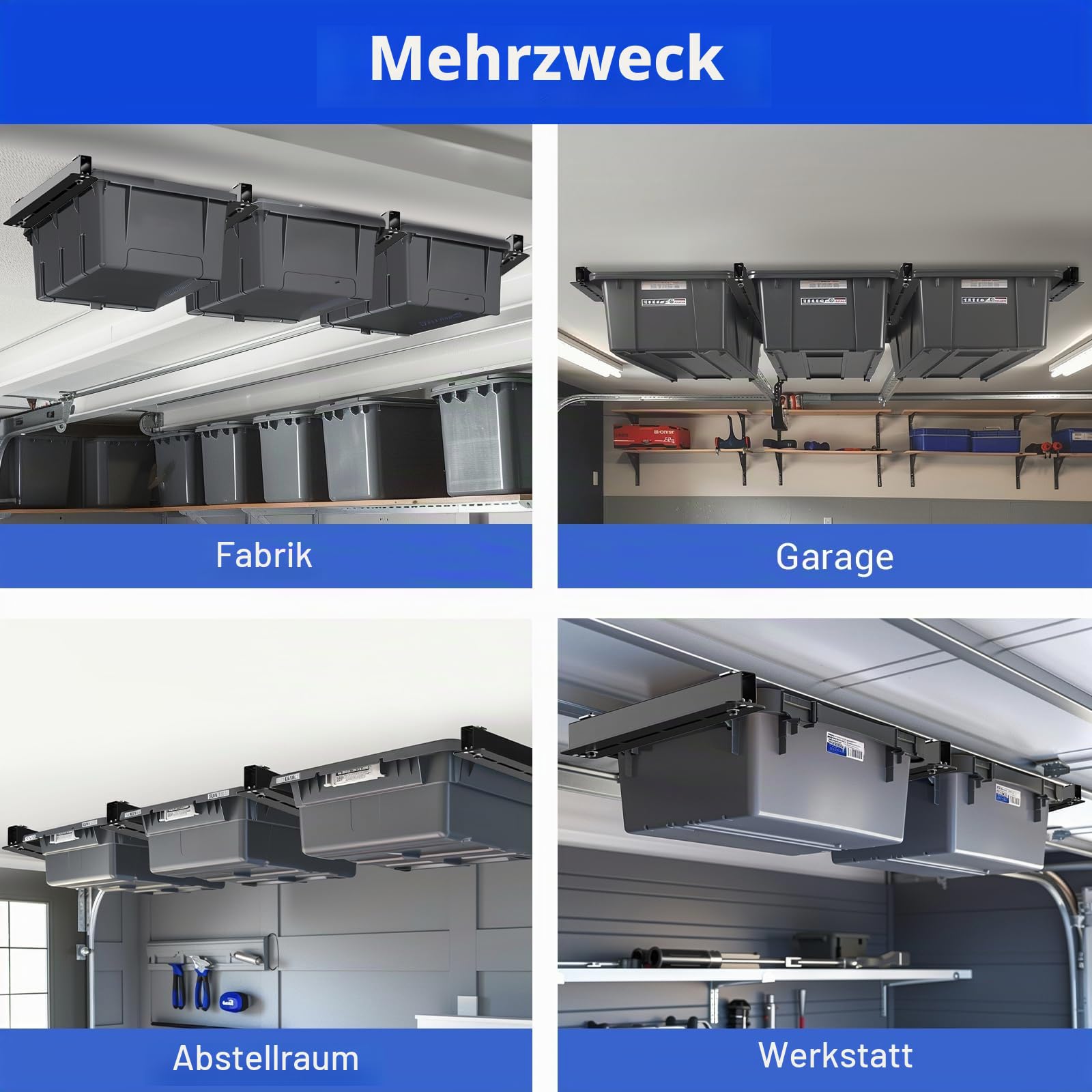 Robuste Deckenhalterung für Garage, kompatibel mit 5 Behältern, 6 Stück