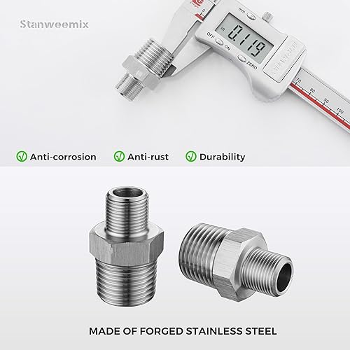 Miniatura 5 de Adaptador de grifo RV, 2 conectores reductores de 12 a 38 - Accesorio de acero inoxidable, conector de tubo de compresión de 38 macho a NPT 12 macho