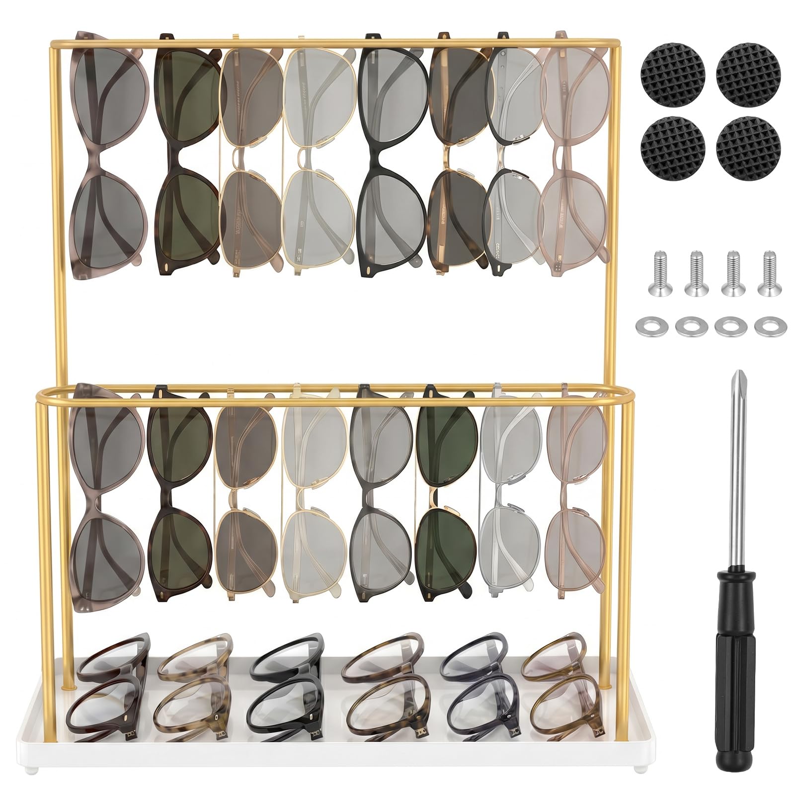 BOBASH Double Tier Sunglasses Display Stand for 18 Glasses, 28.5x13x32.3cm Gold Metal Eyeglasses Organiser Holder with White Plastic Storage Tray Bottom for Dresser Tabletop Counter Countertop