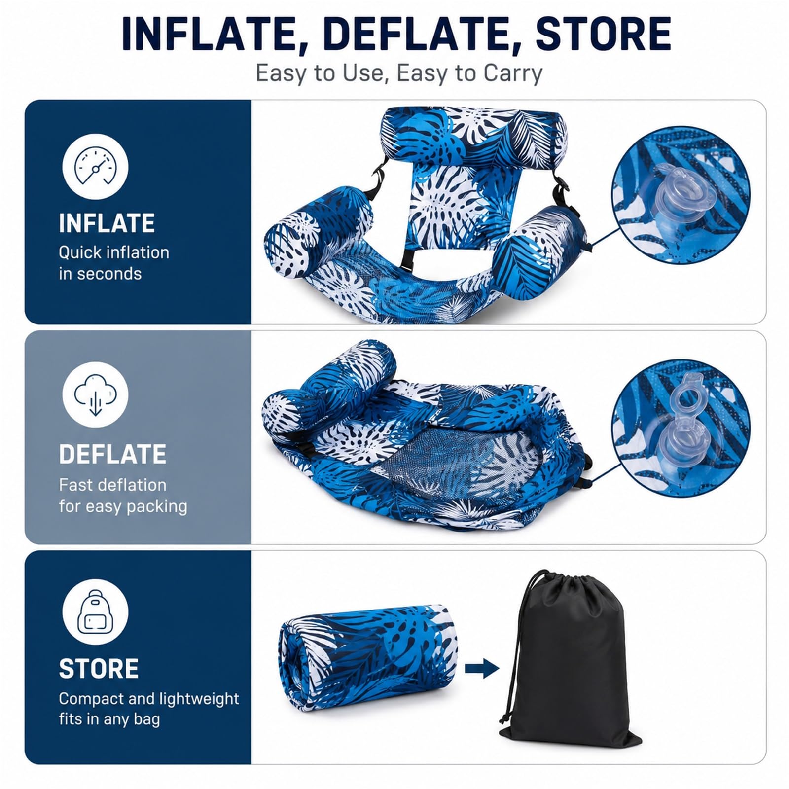 Hamac Gonflable À Motif Tropical avec Appui-tête et Sangles Réglables, Hamac Flottant Portable en PVC pour Piscine, Plage et Lac