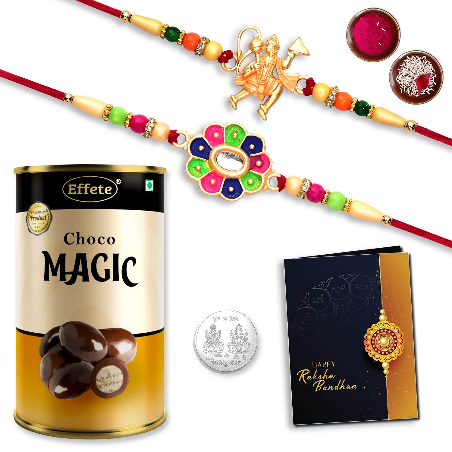 DeoDap Multicolor Lord Hanuman & Floral Colorful Beads Rakhis Combo with Effete Chocolate Magic , Silver Color Pooja Coin, Roli Chawal & Greeting Card | Occasion | Rakhi for brother with gift | bracelets for men stylish |rakhi combo for brother | Set of 2 Rakhi | Rakhi Chocolate Gift combo | K2_261+262_CM |-image-6