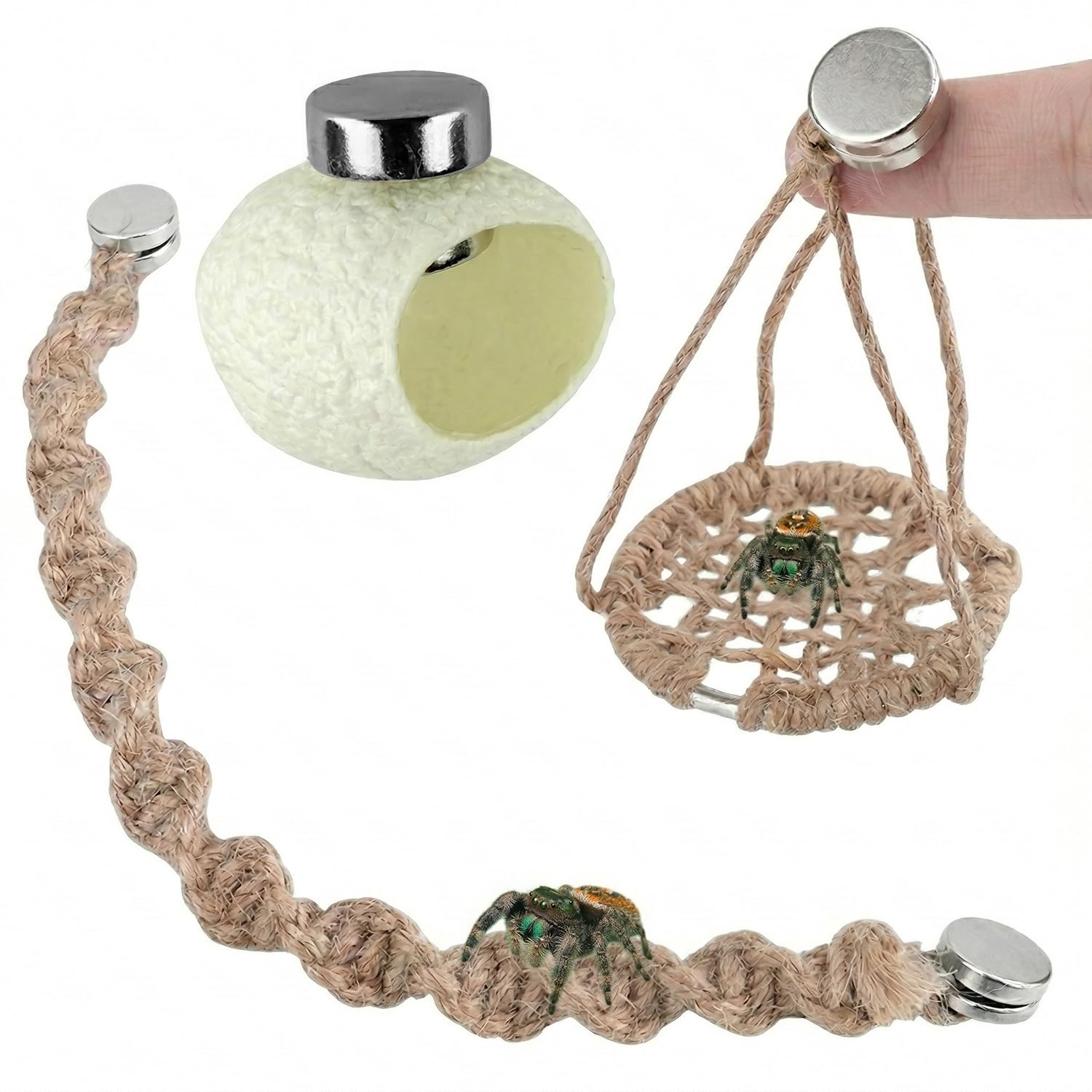 Jumping Spider Accessories, 3 Pcs Jumping Spider Enclosure Accessories with Cotton Rope Swing Bridge Ring Pendant, Platform Swing and Nest for Jumping Spiders and Pet Spider Terrarium Decor