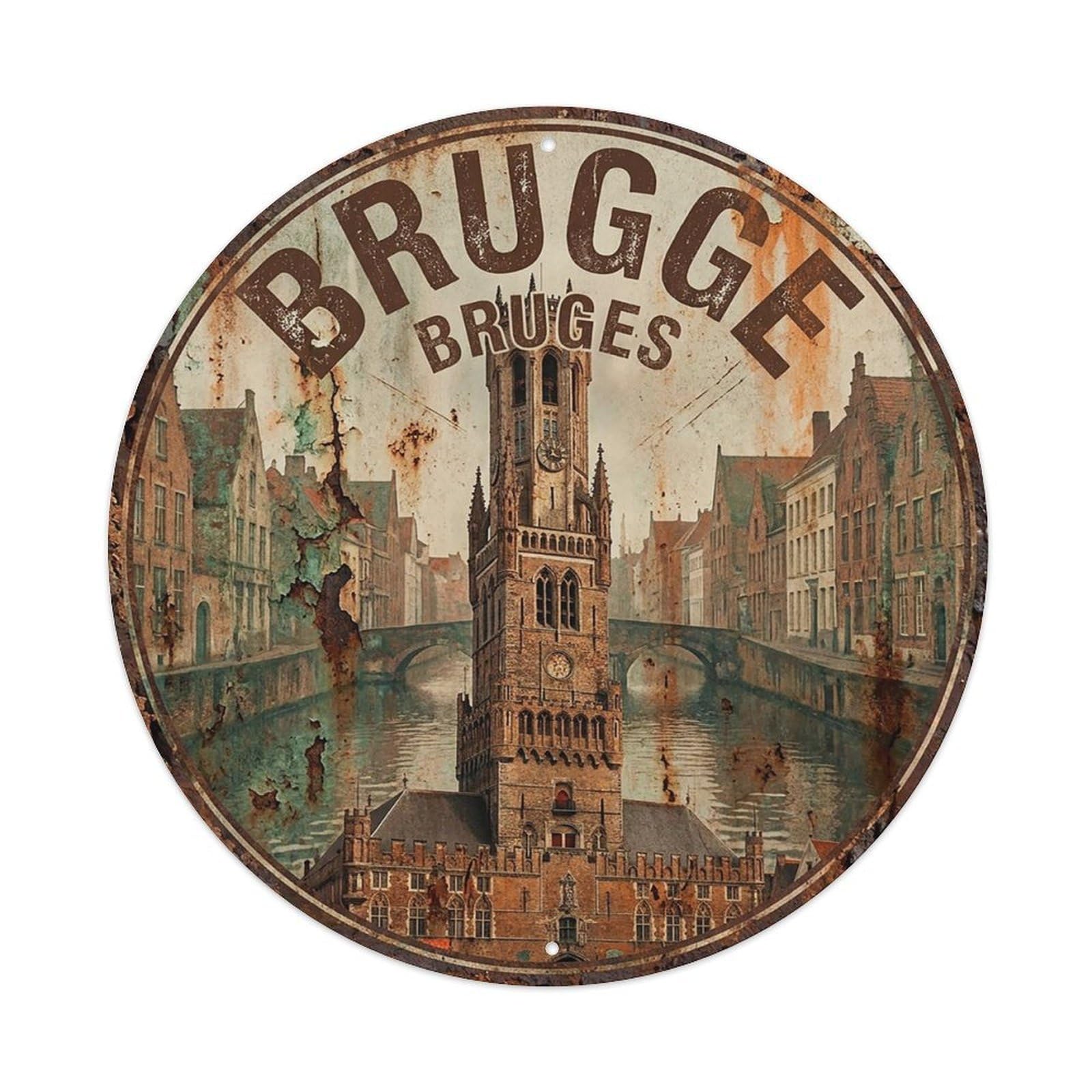 Retro Travel Belgium Bruges Vintage Metal Tin Sign Plaque Wall Decor for Cafe, Club Bar, Office, Garden Metal Poster 8x8Inch