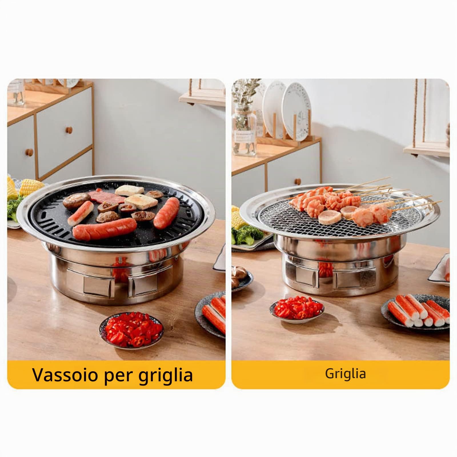 Griglia multifunzione 33 cm, griglia a carbonella, coreana, carbonella, griglia rotonda, griglia da tavolo, rete e vassoio, per cortile, picnic, spiaggia, campeggio