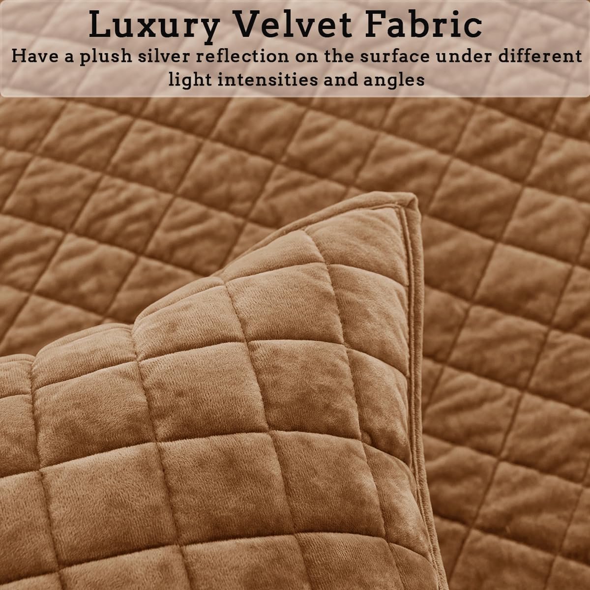 Quilt Set Oversized King Size 120x128 Luxurious Velvet Bedding Sets with 2 Pillow Shams 20x36 3 Pieces Ultra Soft Quilted Bedspread Coverlet Comforter for All Season,Caramel