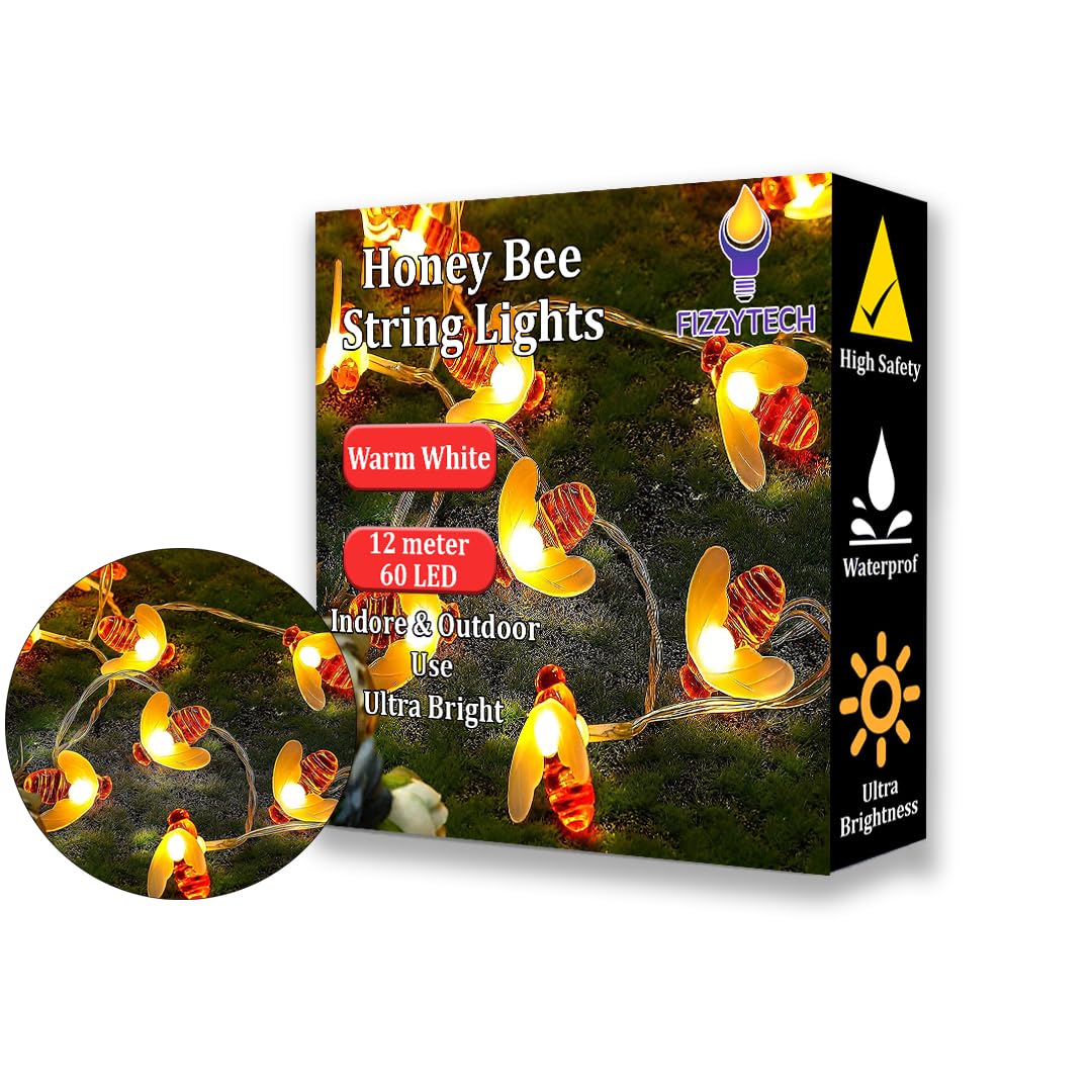 fizzytech Plastic Honey Bee String Lights of Home Decoration Diwali Light for Party Birthday Diwali Christmas Navratri Valentine Gift Home Decoration Light (60 LED Honey BEE WW)