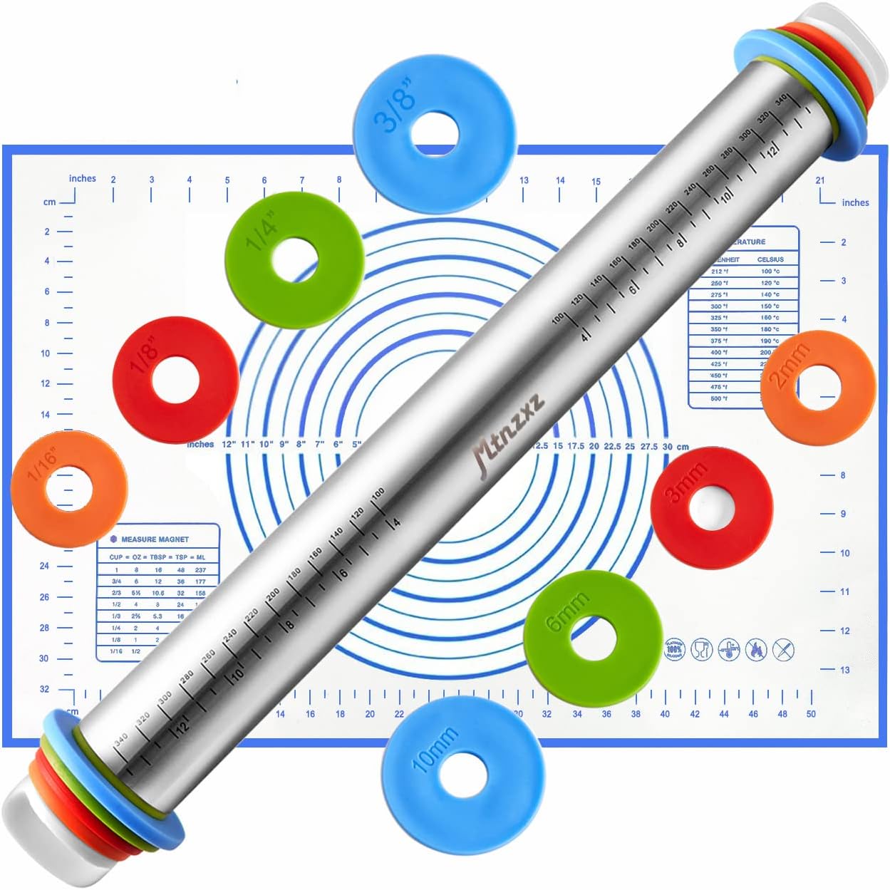 Rolling Pin, Silicone Baking Pastry Mat, Smooth Stainless Steel Roller, 4 Removable Adjustable Thickness Non Stick Rings Rolling Pins for Baking Dough, Pizza, Pie, Pastries, Pasta, Cookies, 2 Pcs