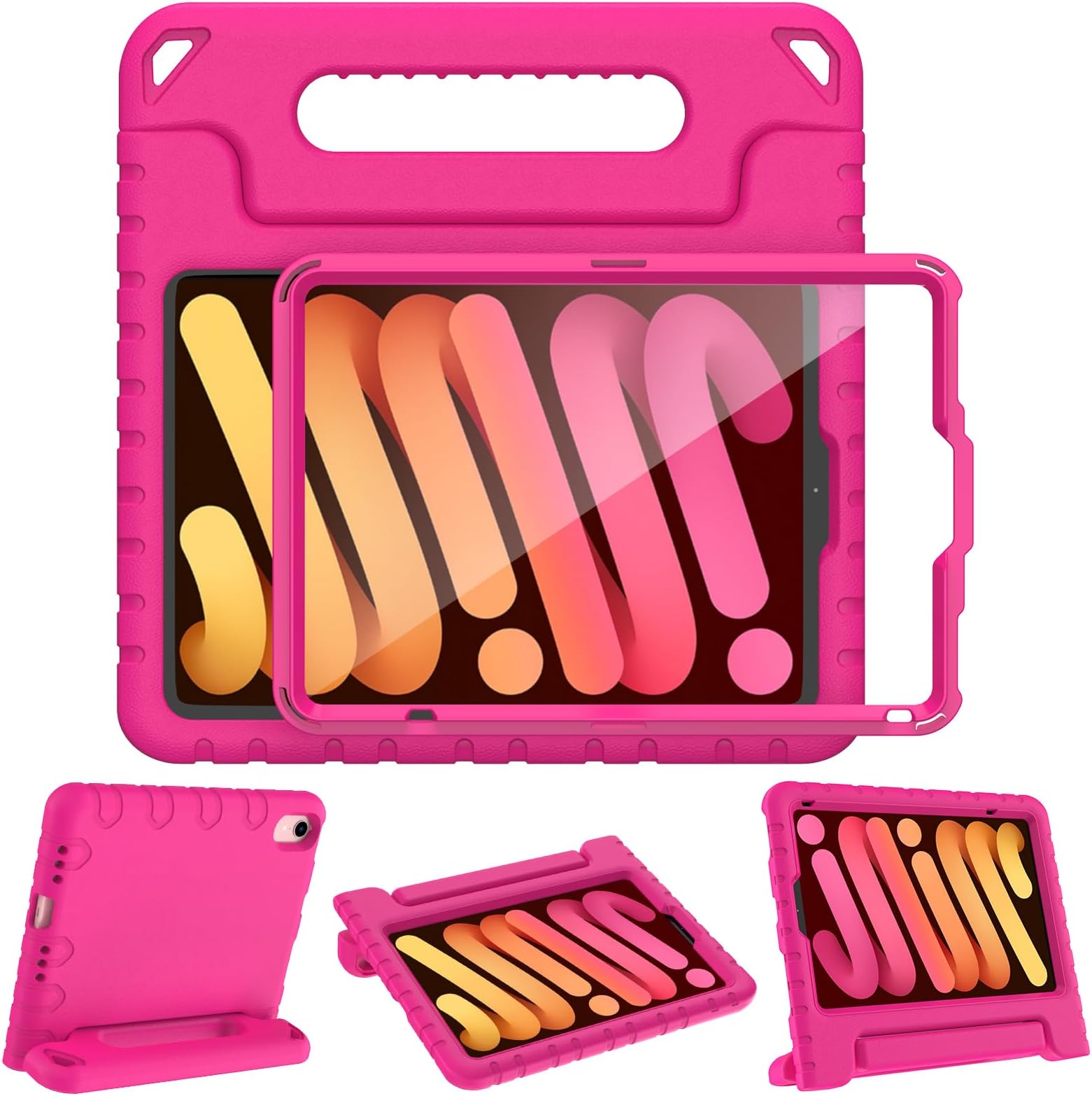 AVAWO Kids Case for iPad mini 7 (A17 Pro) 2024 8.3 inch, Mini 6 2021 with Built-in Screen Protector, Shockproof Lightweight Handle Stand Cover for Model (A2995/A2996, A2567/A2568/A2569), Rose