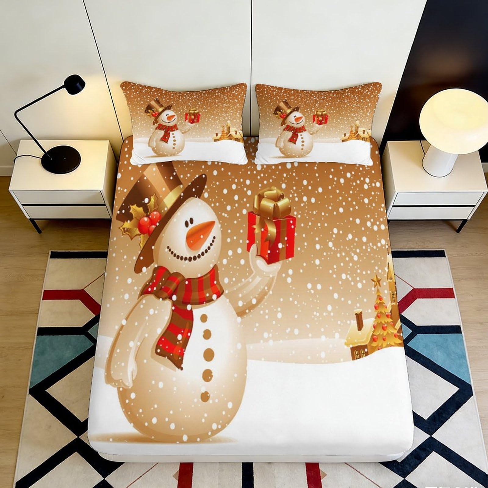 Uynsixtme Style-4 3D Printed Snowman Fitted Sheet Microfiber Deep Pocket Non-Slip Xmas Mattress Fitted Cover Bedroom Bedding 200X200x25cm