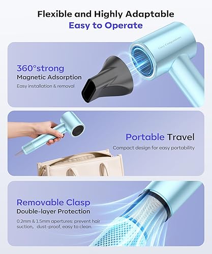 Miniatura 8 de Secador de pelo, secadora de alta velocidad de 130000 RPM para secado rápido, 300 millones de iones negativos, control de calor y ligero, azul