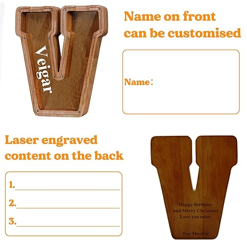 Vista 20 de Customized Name Large Wooden Piggy Bank for Boys Girls Alphabets Letter A-Z Coins Bills Money Change Bank Box Initial on Clear Cover