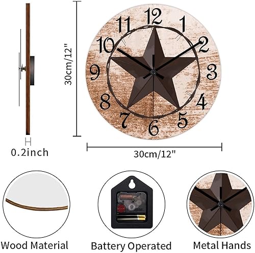 Miniatura 2 de Reloj de pared redondo de estilo clásico con estrella de Texas occidental, reloj de madera, silencioso, sin tictac, funciona con pilas, con números