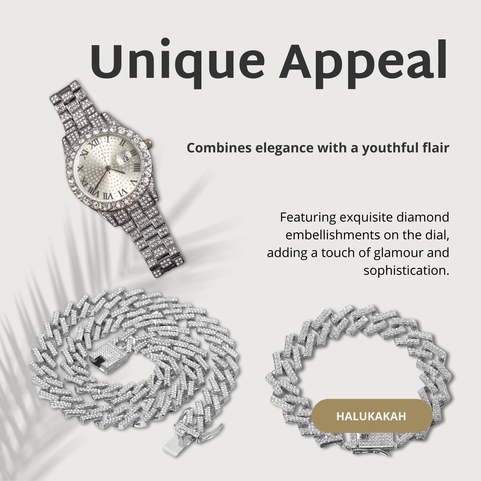 Halukakah Diamonds Watch Iced Out para niños y adolescentes, chapado en oro real de 18 quilates, esfera redonda de 42 mm de longitud, opcional con cadena de eslabones cubanos, con herramienta de