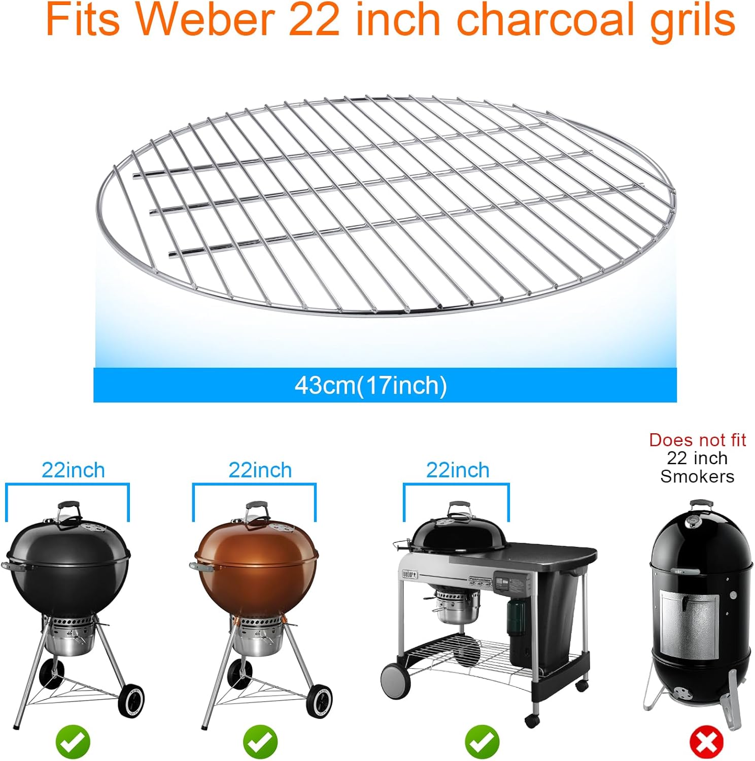 Coolbird 17 Inch Charcoal Grill Grate, Compatible with Weber 7441, Fits Various 22 Inch Weber Charcoal Grills, Replacement Grate