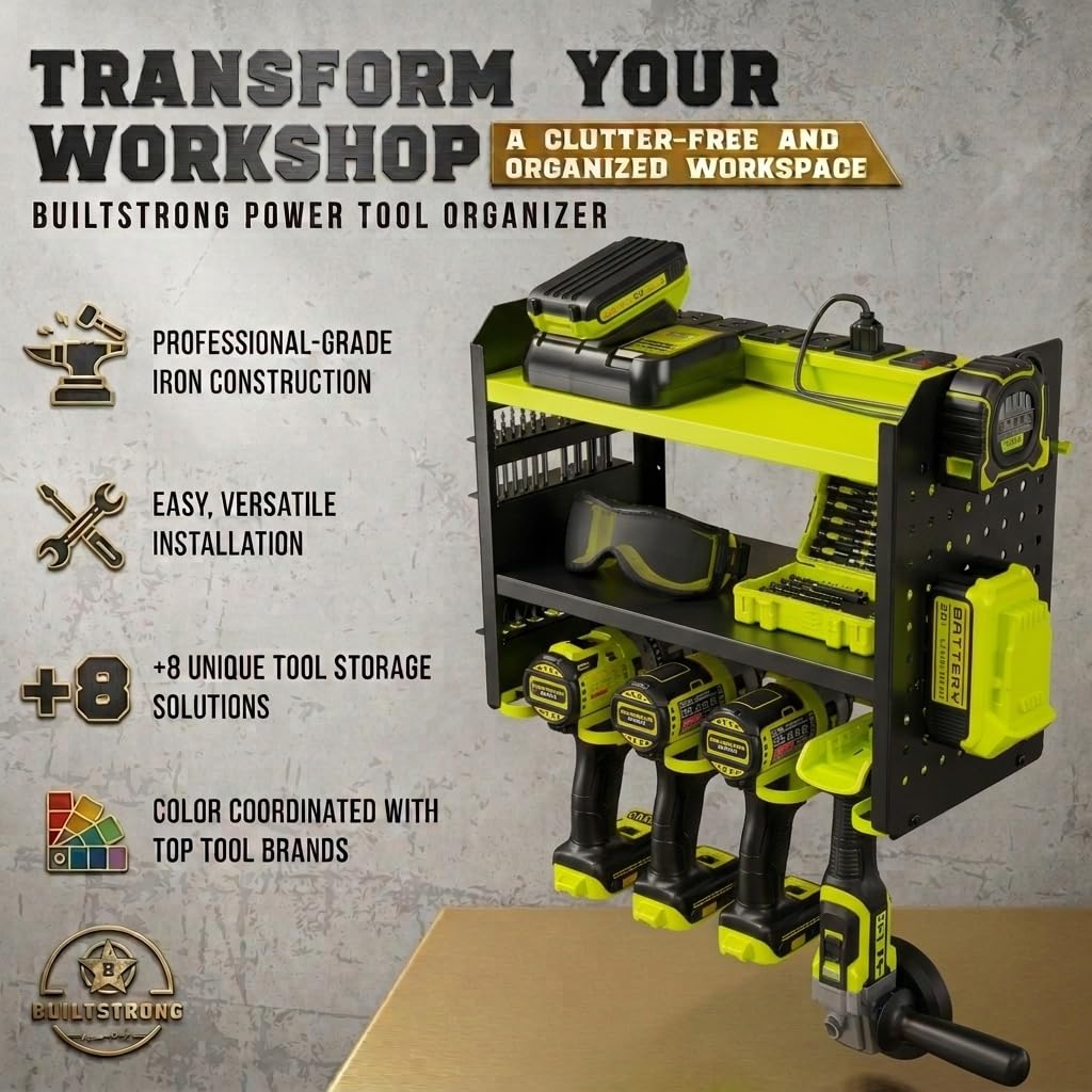 BUILTSTRONG Organizador de herramientas eléctricas de montaje en pared, estante de almacenamiento de herramientas de mano de metal resistente de 3 niveles, estantes de utilidad, soporte para taladros,