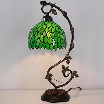 WERFACTORY Tiffany Style Lamp Green Wisteria Stained Glass Table Desk Light | Reading Metal Leaf Base 8X10X21 Inches Decor Small Space Bedroom Home Office S523 Series