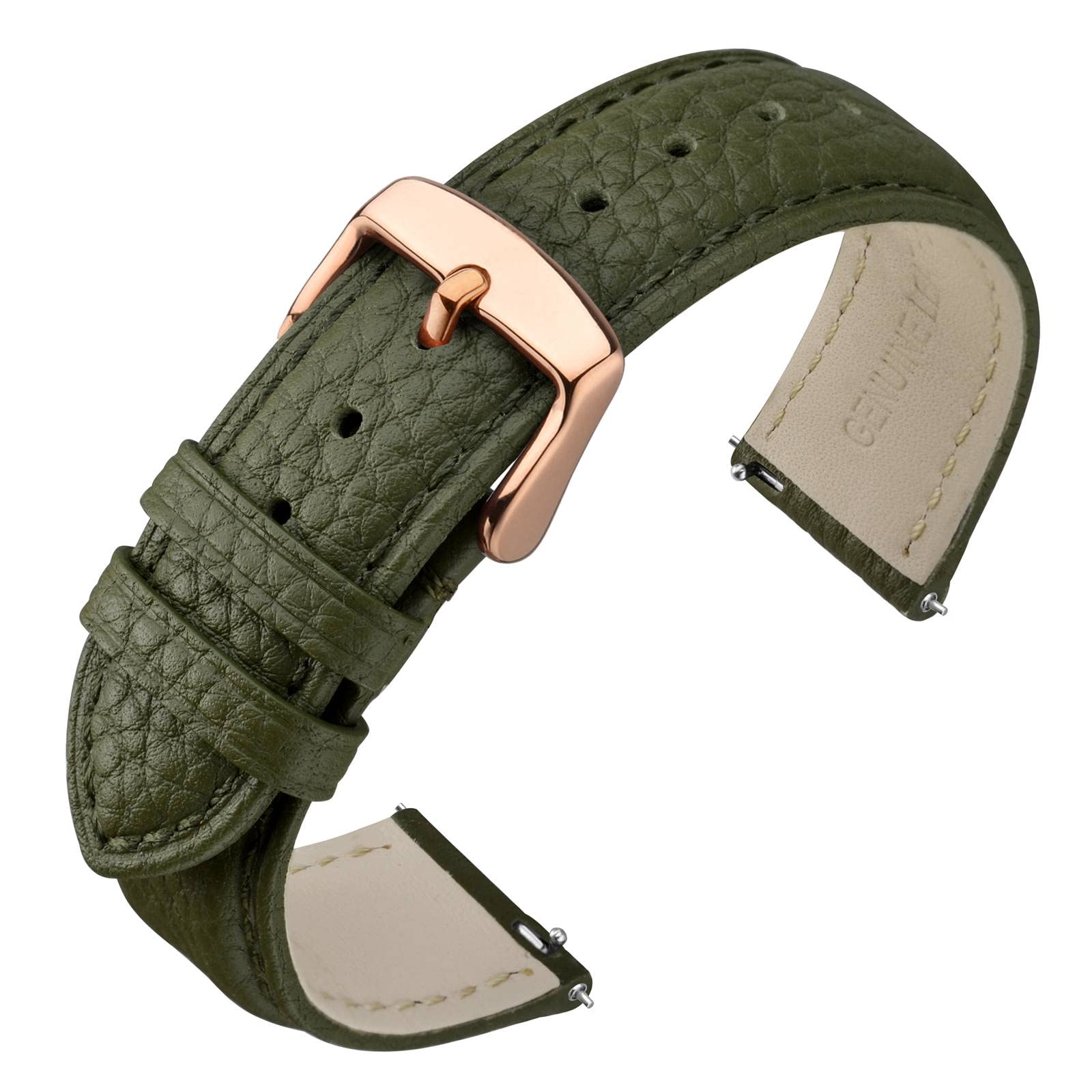 ANNEFIT Watch Band 16mm, Quick Release Textured Padded Leather Straps with Rose Gold Buckle for Men and Women (Army Green)