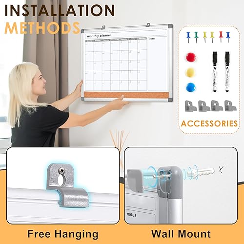 Miniatura 6 de MAKELLO Calendario de borrado en seco para pared, calendario de pizarra blanca con tablero de corcho para oficina, familia, escuela, cocina y