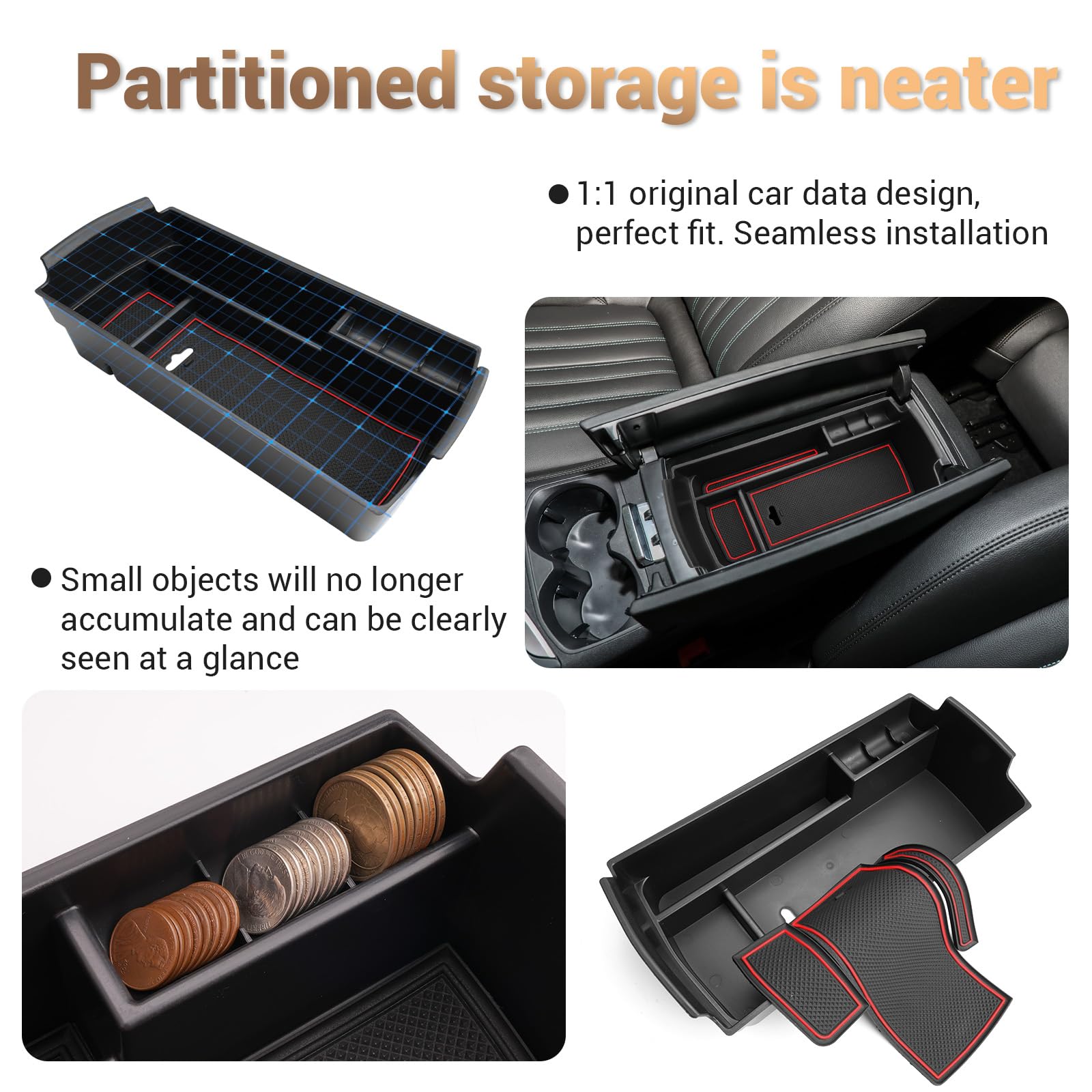 YEE PIN Compatibile con Peugeot 3008 5008 2017-2024 / C5 aircross 2018-2024 scatola di immagazzinaggio console centrale 3008 5008 organizer vassoio per braccioli, organizer accessori con 3 colori