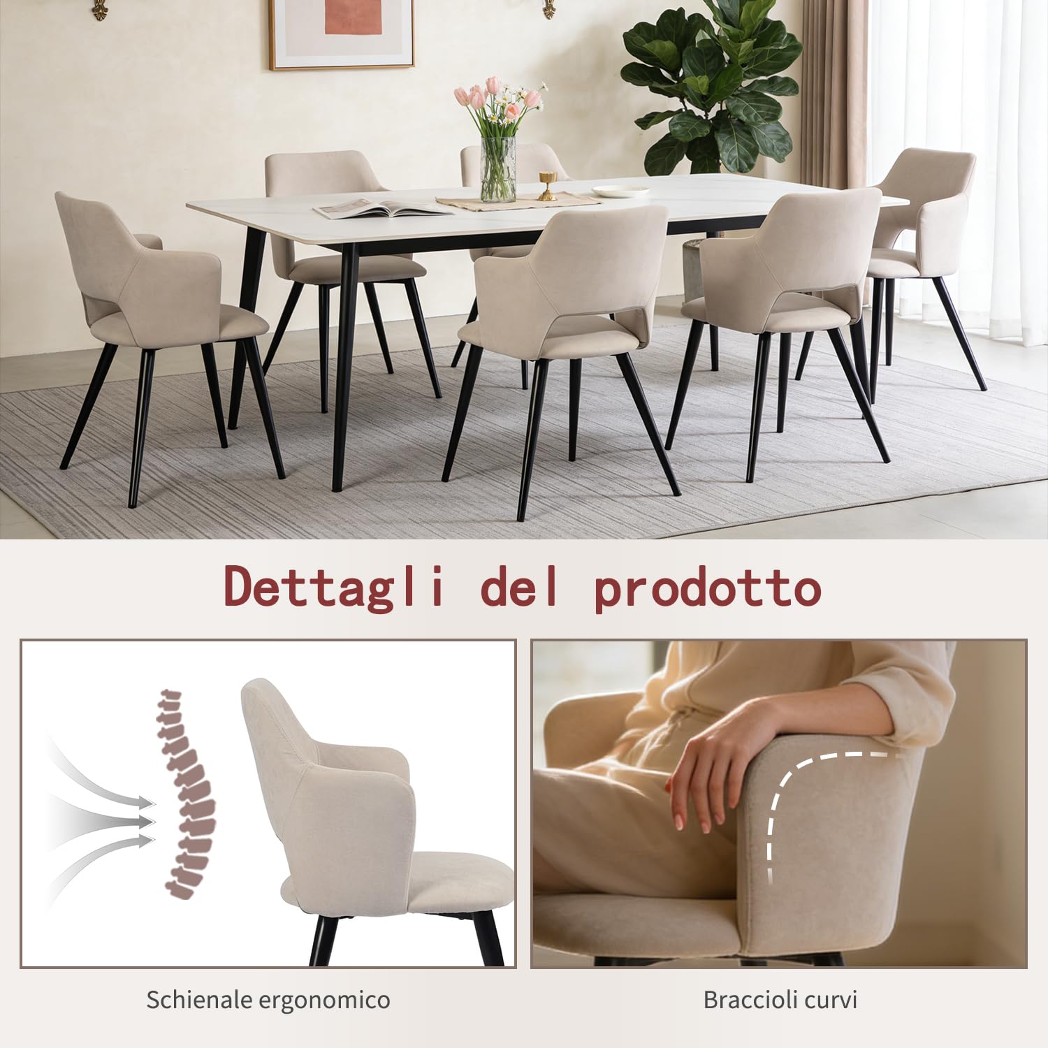 MEUBLE COSY Set di 2 Sedie da Pranzo Scandinavo Imbottito con Schienale Braccioli in Tessuto per Cucina Sala Soggiorno, Beige, 48x54.5x80cm