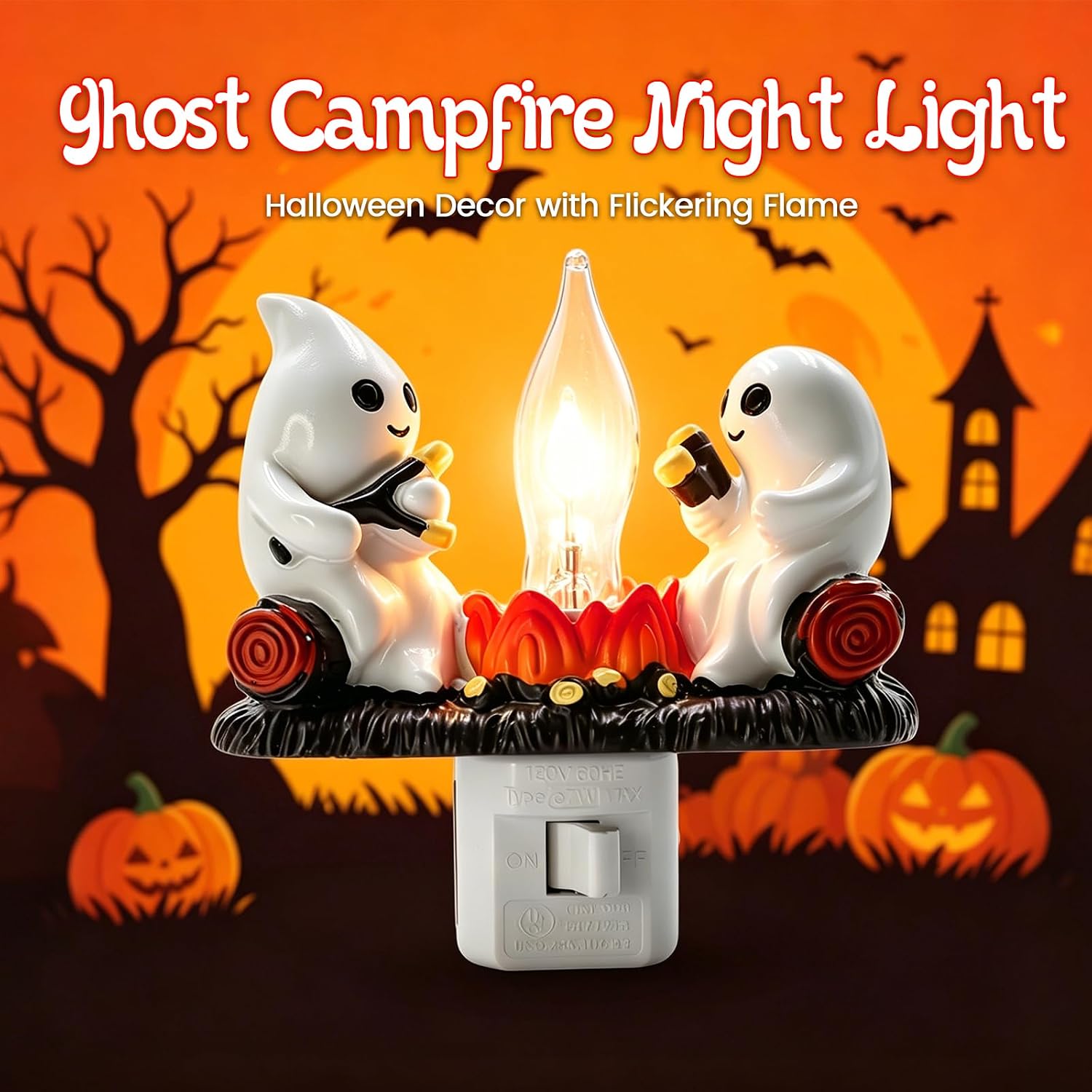Halloween Ghost Camp-fire Night Light, Plug-In Flickering Flame Nightlight | Halloween Indoor Decorations, Spooky Ghost Figurine Lamp with Warm & Soft Glow for Bedrooms, Hallways, and Seasonal Decor