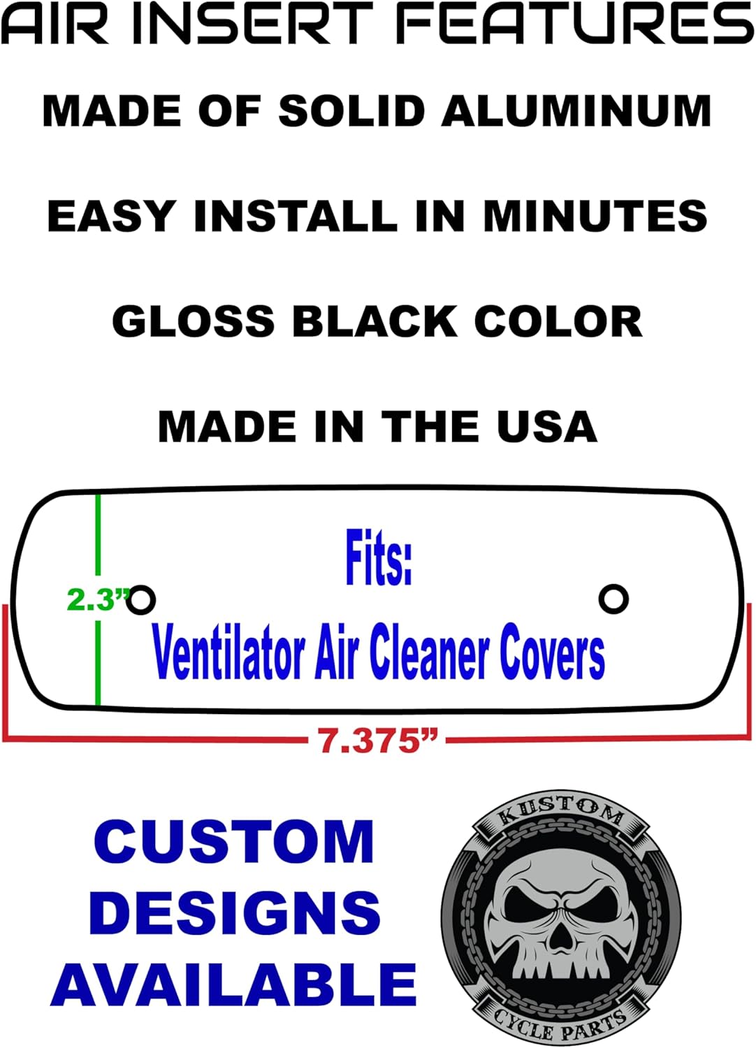 Kustom Cycle Parts Gloss Black Metal Air Cleaner Cover Insert. Replaces Stock Harley Davidson M8 / 114 Air Insert.