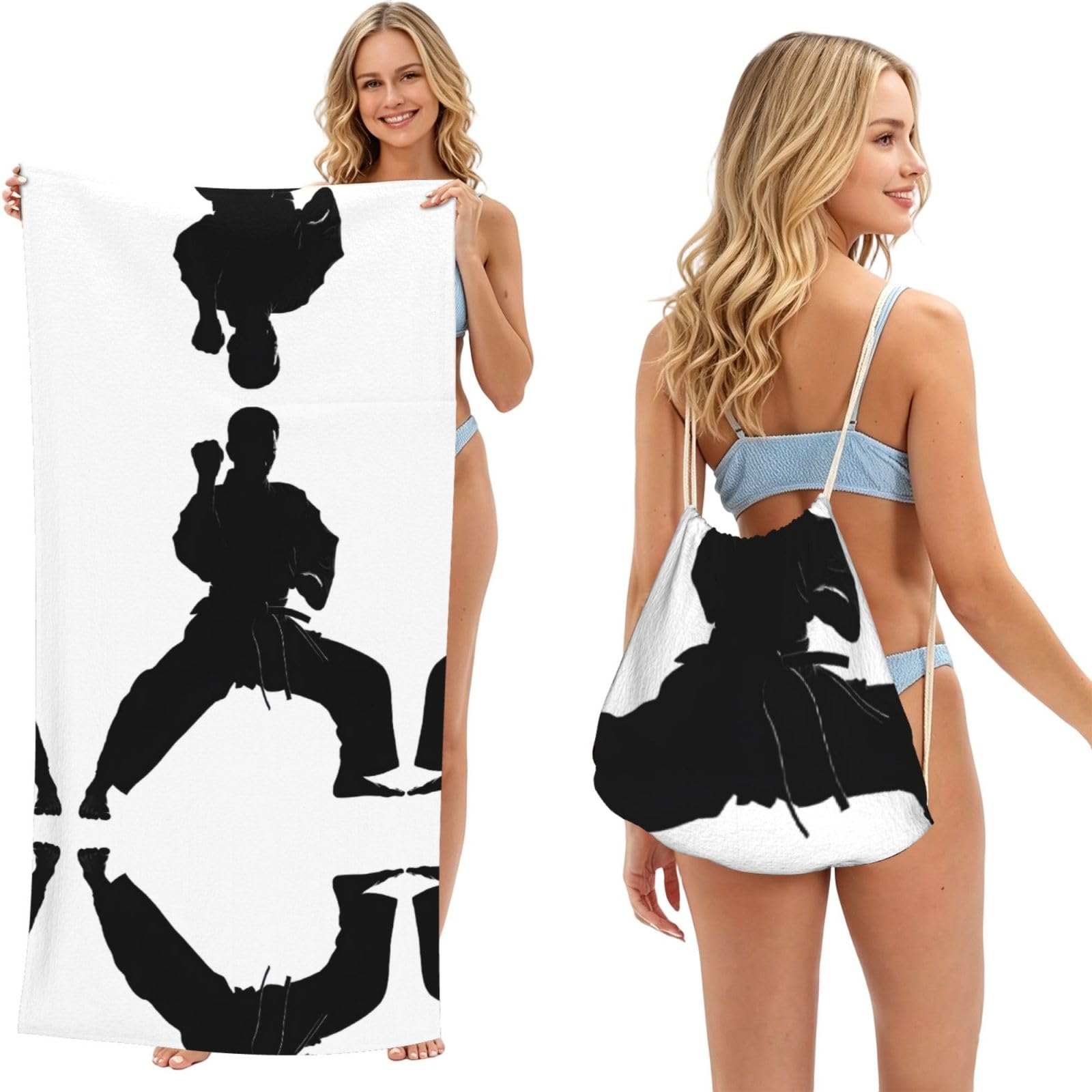 ESNAIUVCD Karate Print Beach Towel For Adults,Towel With Drawstring Bag, Travel Pool Swimming Sports Shower Sand Free Quick Dry Bath Towel For Pool, Beach, Yoga- 180x60cm